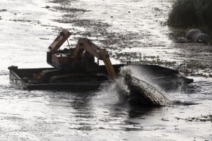 An excavator dredges the River Nile as part of a clean up operation in Cairo