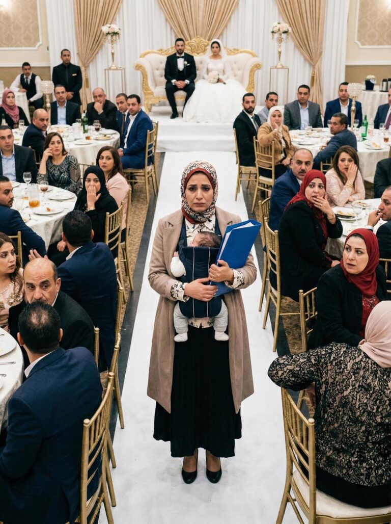 قصة زفاف مهدوم وعدالة بتتحققوتمسك بيدها الأخرى ملفاً أزرق كبيراً.  جميع الحاضرين بملامح مصرية الجالسين على الطاولات يلتفتون إليها بنظرات صدمة وذهول وهمس. في الخلفية البعيدة تظهر منصة الزفاف (الكوشة) وعليها العروس والعريس بملامح مصرية . الإضاءة عالية والتفاصيل حادة وواقعية جداً، نمط دراما اجتماعية."