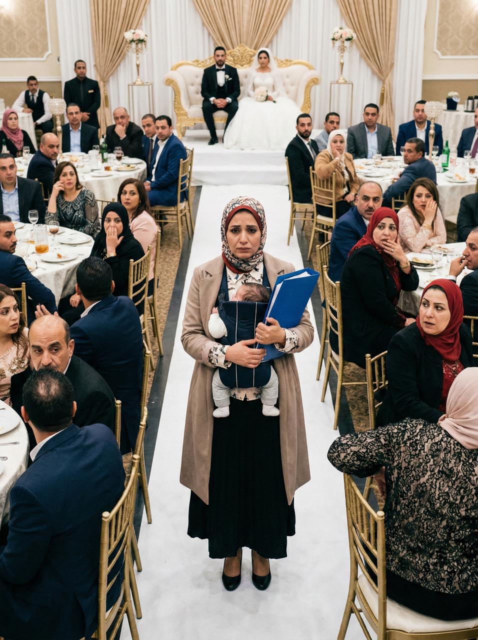 قصة زفاف مهدوم وعدالة بتتحققوتمسك بيدها الأخرى ملفاً أزرق كبيراً.  جميع الحاضرين بملامح مصرية الجالسين على الطاولات يلتفتون إليها بنظرات صدمة وذهول وهمس. في الخلفية البعيدة تظهر منصة الزفاف (الكوشة) وعليها العروس والعريس بملامح مصرية . الإضاءة عالية والتفاصيل حادة وواقعية جداً، نمط دراما اجتماعية."